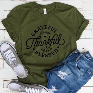 Thankful Grateful Blessed Fall Graphic T shirt NEW